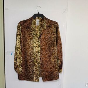 A Bently Plus Women's Button Front Shirt Silky Leopard Print Career Evening 16W